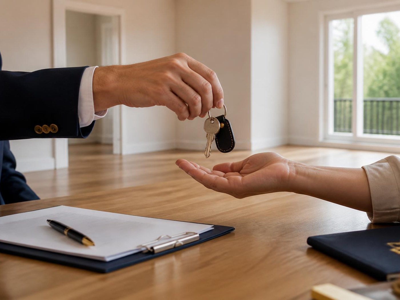 Entrega de llaves de una vivienda sobre una mesa con contrato